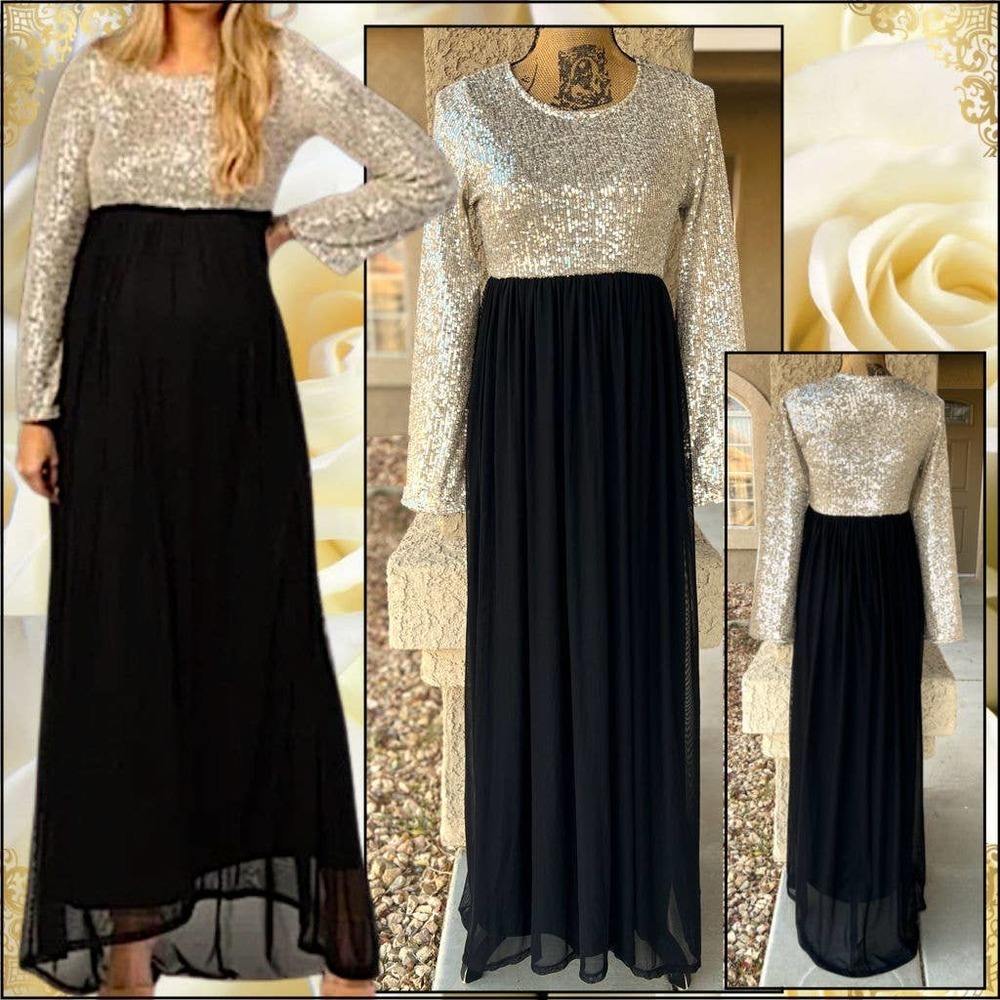 PinkBlush sequin bodice long sleeve maternity maxi dress Size S